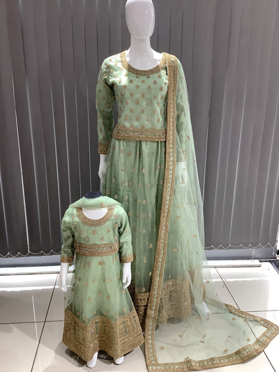 ASHA | Embroidered Net Dori Work Mother & Daughter Lehanga Choli Ready To Wear Mint | AS58