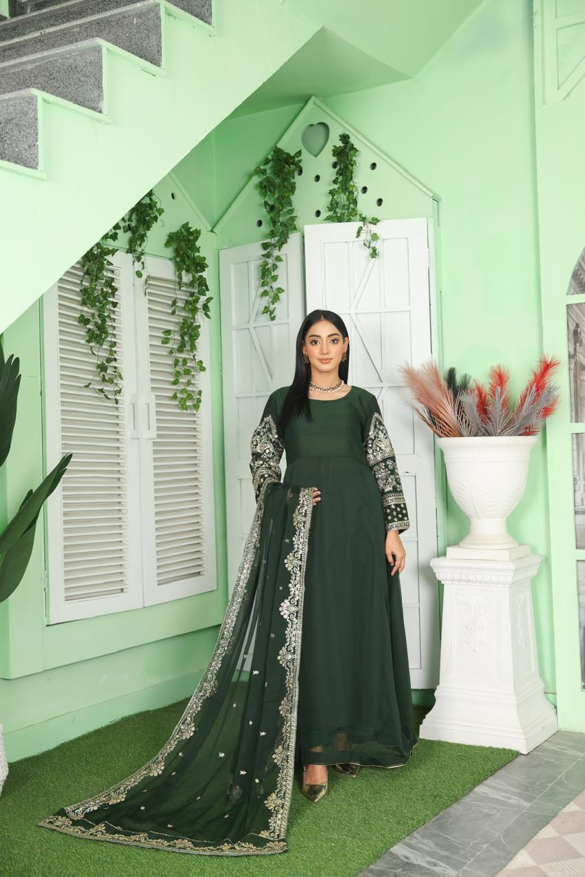 S Creations ‘Noreen’ | Embroidered Chiffon Mother & Daughter Readymade | SC162 (Green)