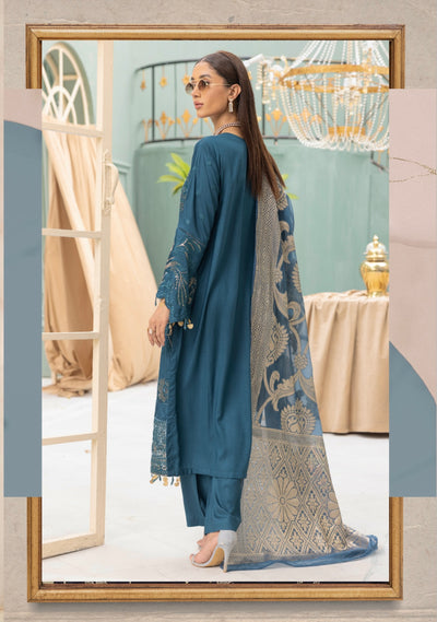 SIMRANS ‘Rozana 2.0’ | Embroidered Linen Readymade | SM672 (Teal)