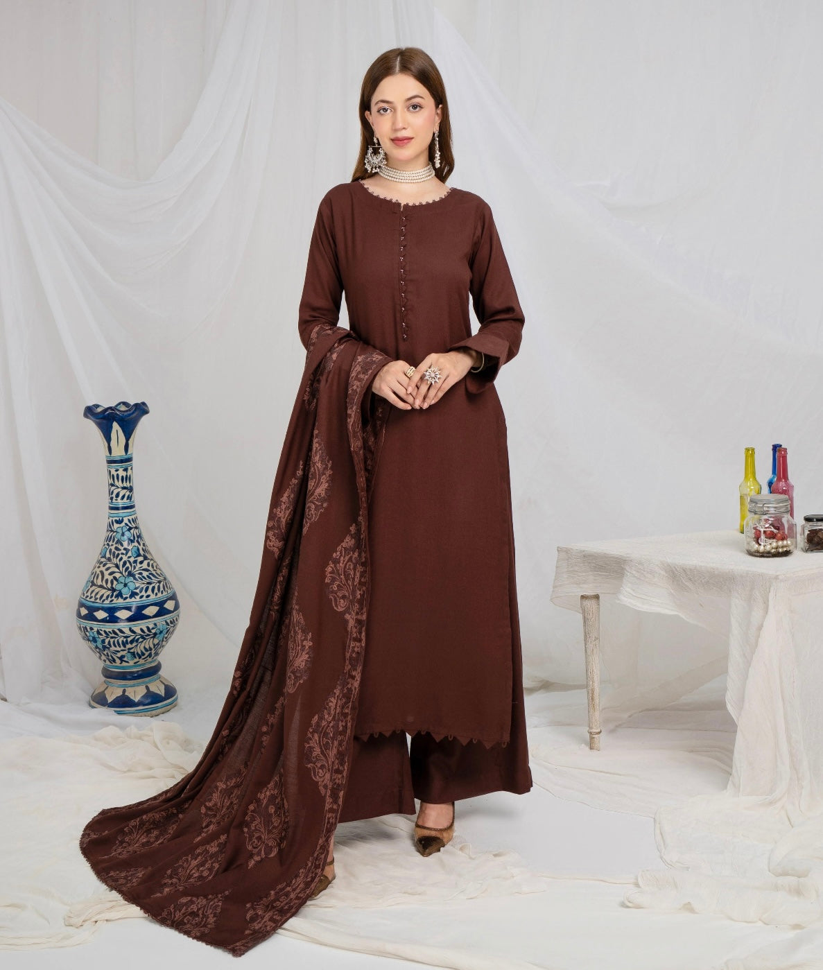 SIMRANS ‘Jaan’ | Embroidered Dhanak Shawl Readymade | SM706 (Brown)