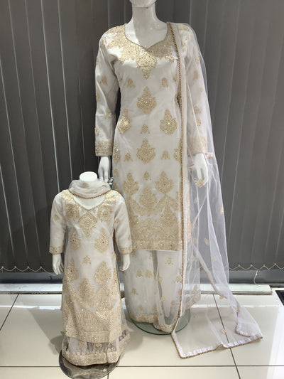 ASHA | Embroidered Net Dori Work Mother & Daughter Dress Ready To Wear White| AS67