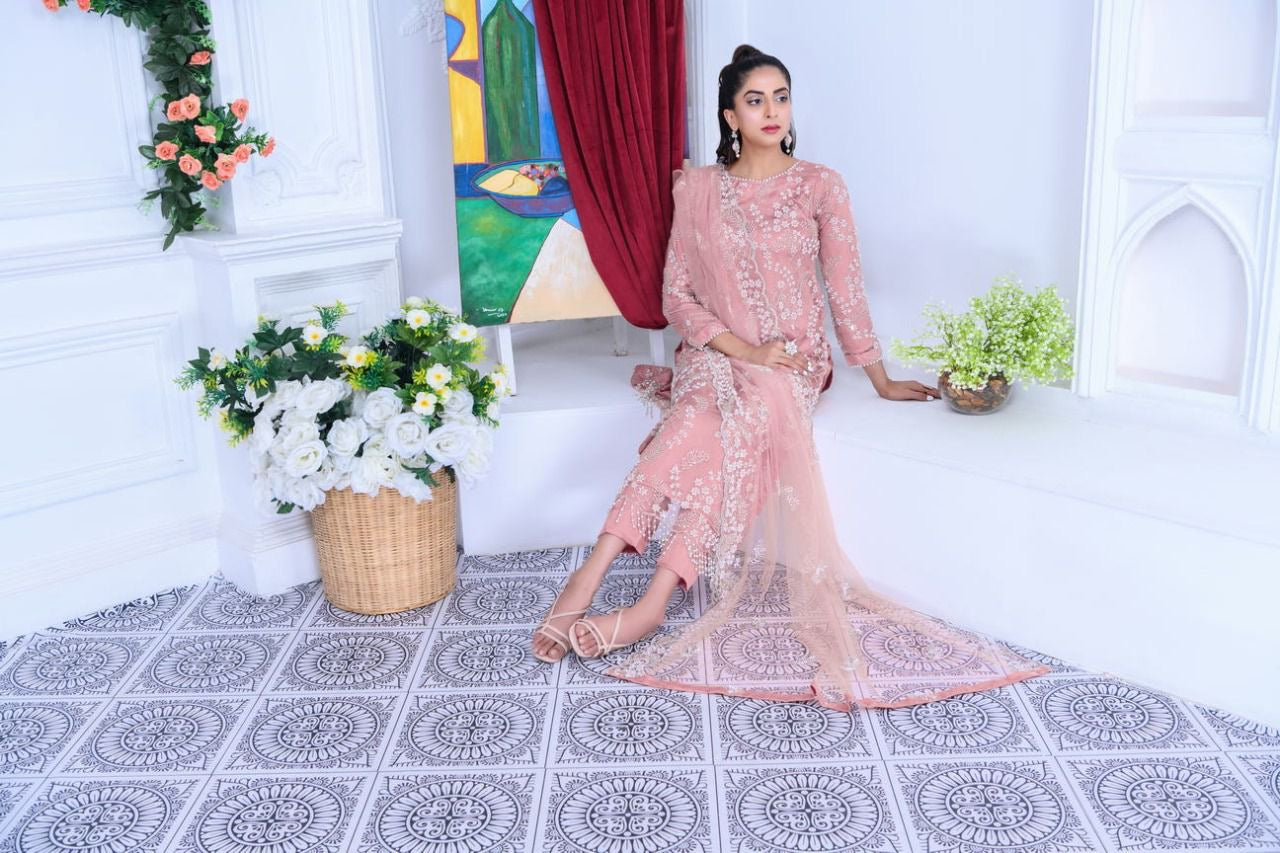 S Creations ‘Maya’ | Embroidered Net Formal Readymade | SC134 (Peach)