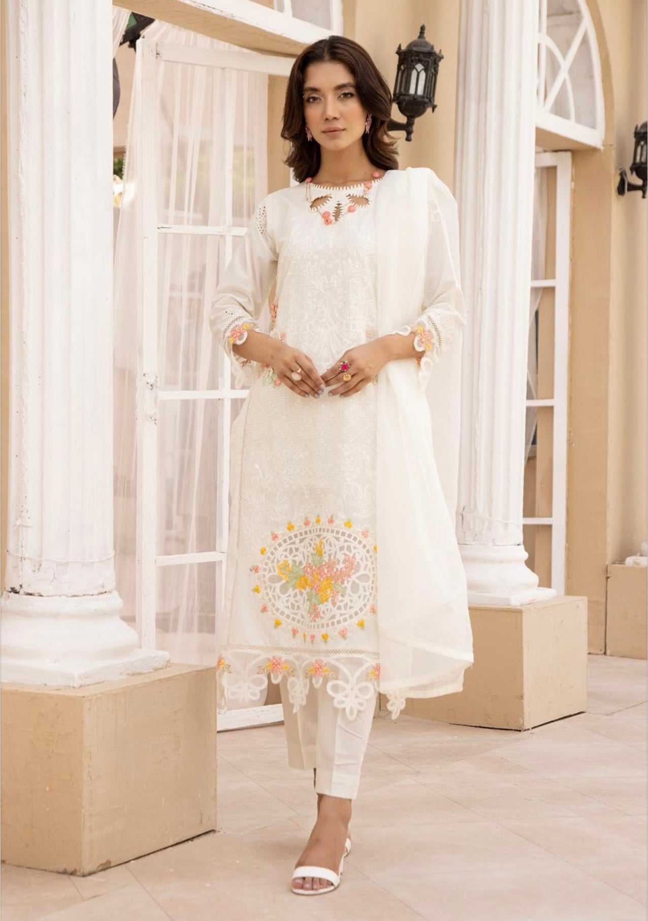 SIMRANS ‘Maria B Inspired’ | Embroidered Cotton Mother & Daughter Readymade | SM583 (White)