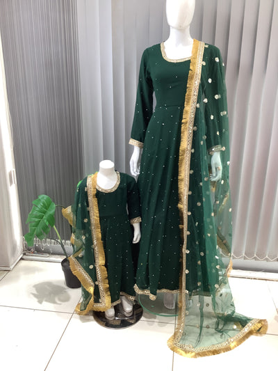 ASHA | Embroidered Chiffon Dress Mother & Daughter Readymade Green | AS63