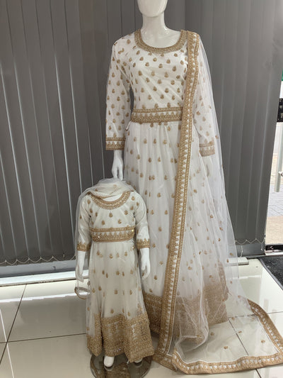 ASHA | Embroidered Net Dori Work Mother & Daughter Lehanga Choli Ready To Wear White | AS58