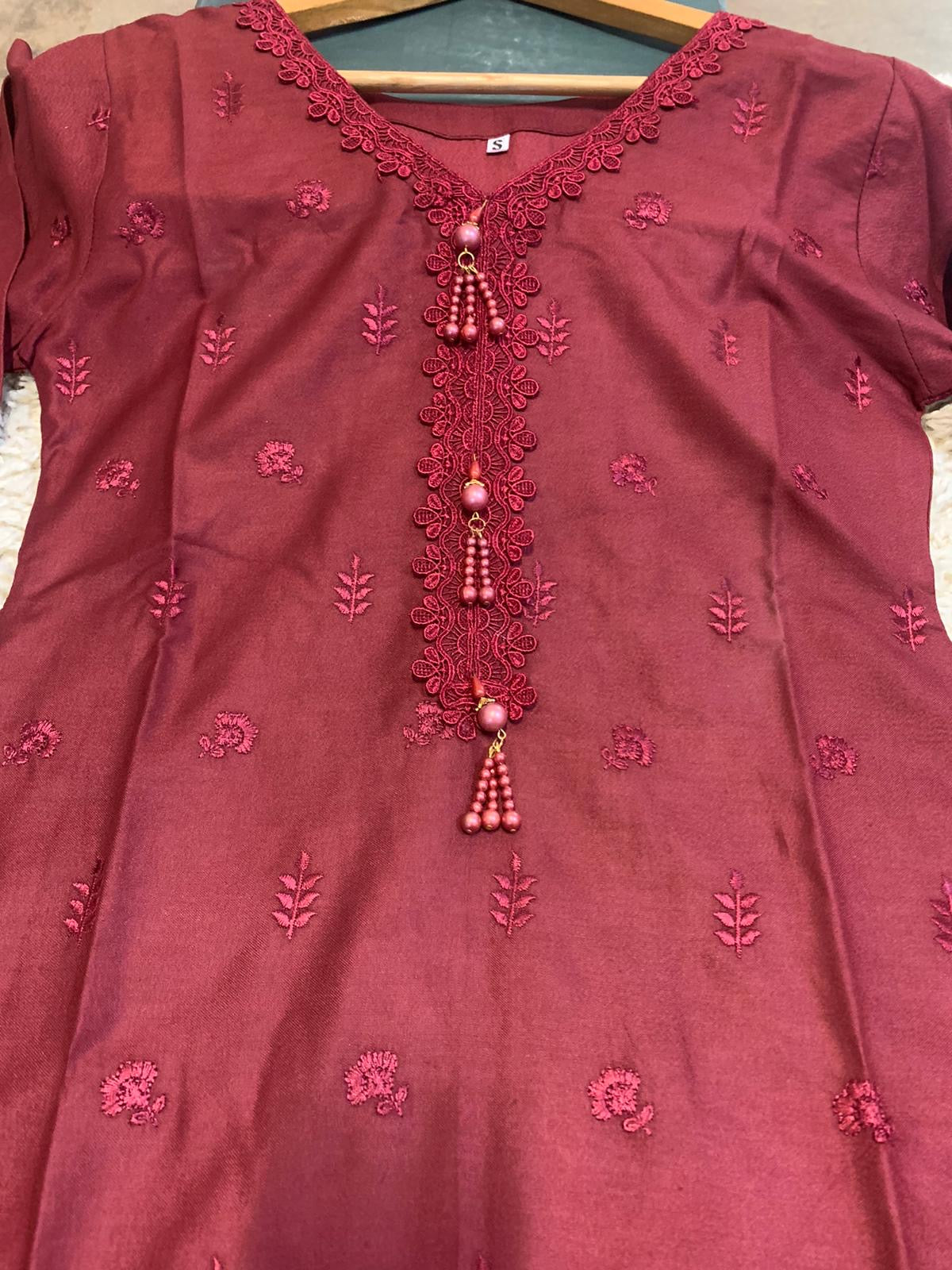 S Creations ‘Inaya’ | Embroidered Dhanak Readymade | SC132 (Maroon)