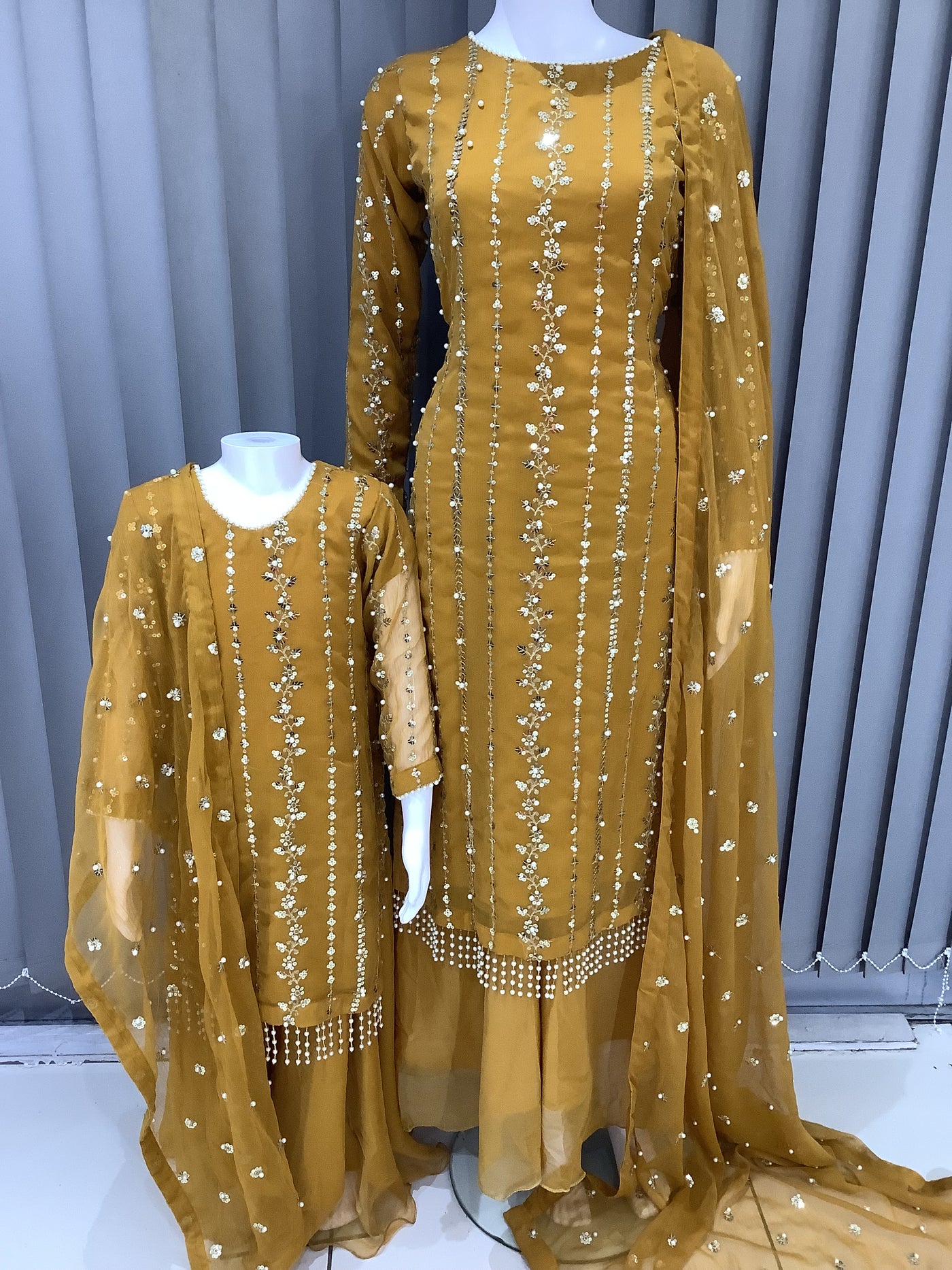 S Creations | Embroidered Chiffon Mother & Daughter Readymade | SC084 (Mustard)