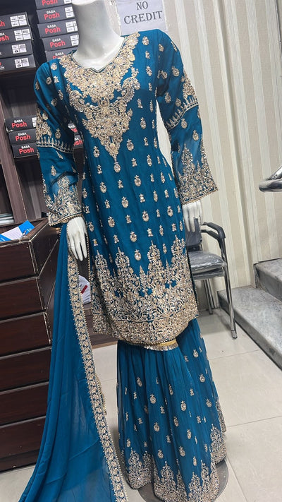 ShaZaib | Embroidered Chiffon Shararah Mother & Daughter Readymade | SZ196 (Teal)