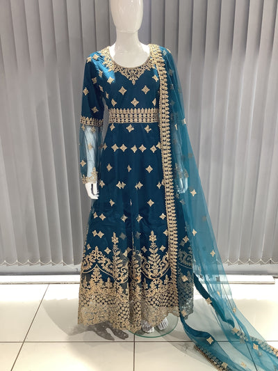 ASHA | Embroidered Net Dori Work Mother & Daughter Dress Ready To Wear Teal | AS65