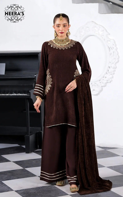 HEERAS | Luxury Embroidered Pashmina Velvet Readymade Traditional Womenswear | HSS035 (Brown) Heeras