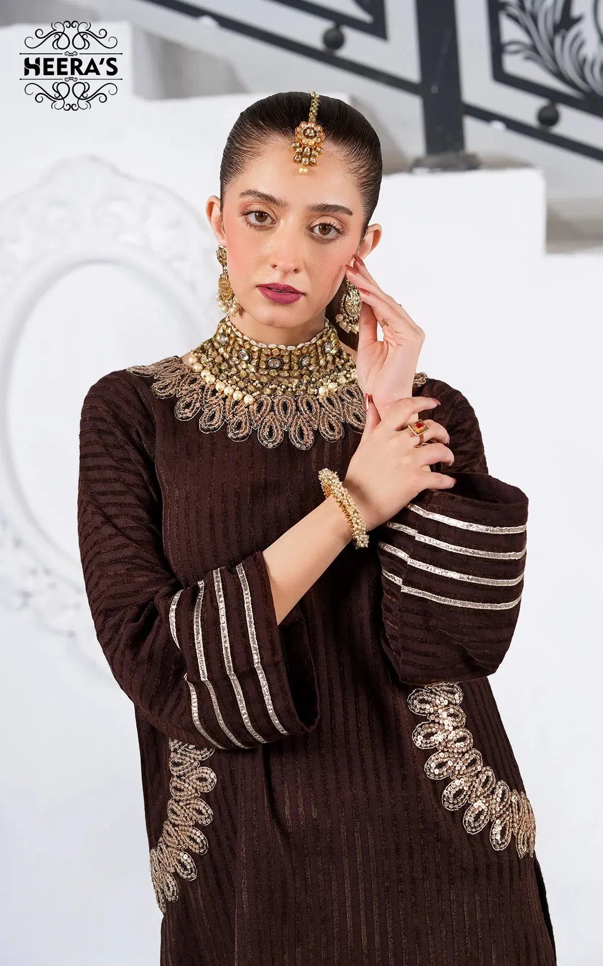 HEERAS | Luxury Embroidered Pashmina Velvet Readymade Traditional Womenswear | HSS035 (Brown) Heeras