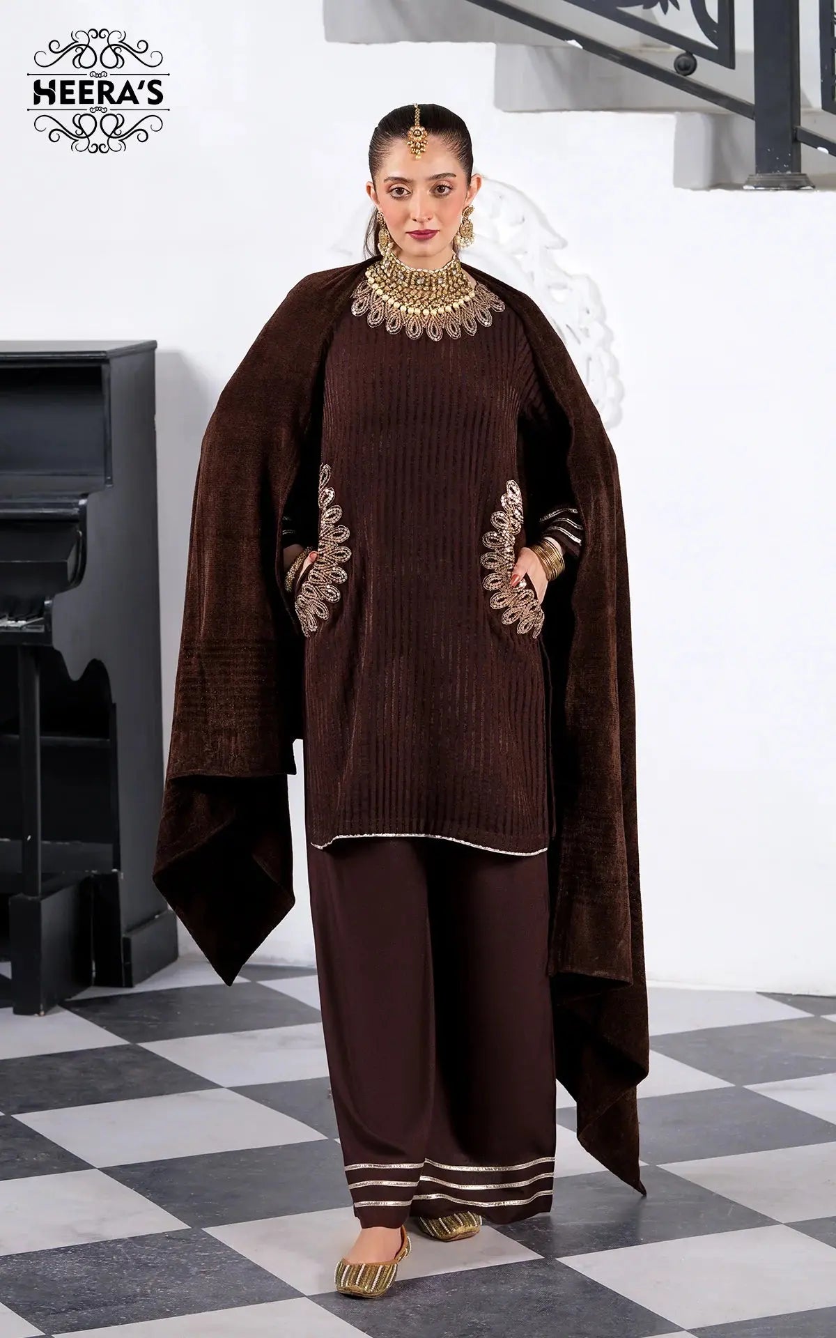 HEERAS | Luxury Embroidered Pashmina Velvet Readymade Traditional Womenswear | HSS035 (Brown) Heeras