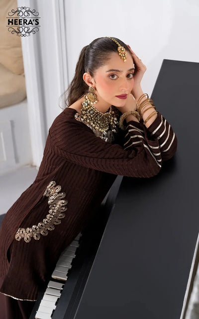 HEERAS | Luxury Embroidered Pashmina Velvet Readymade Traditional Womenswear | HSS035 (Brown) Heeras