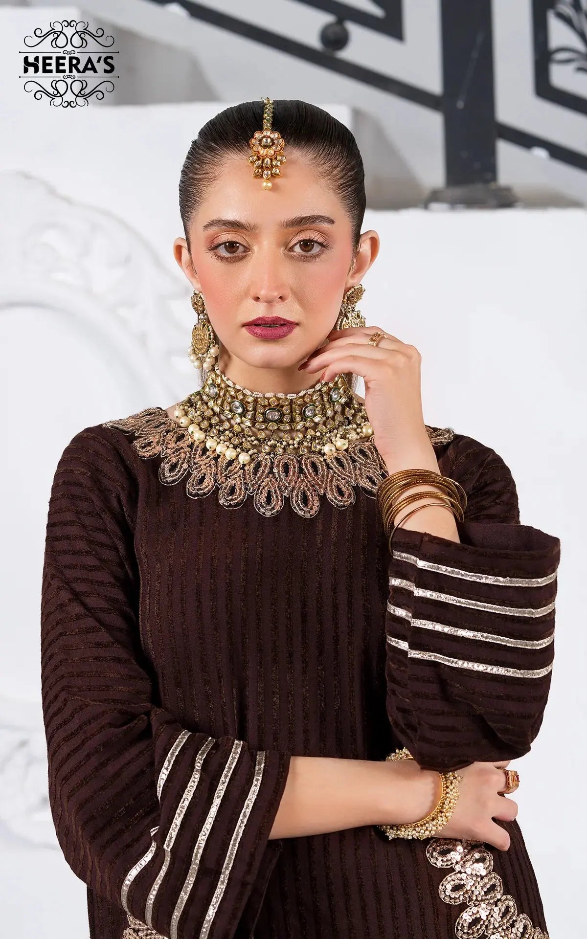 HEERAS | Luxury Embroidered Pashmina Velvet Readymade Traditional Womenswear | HSS035 (Brown) Heeras