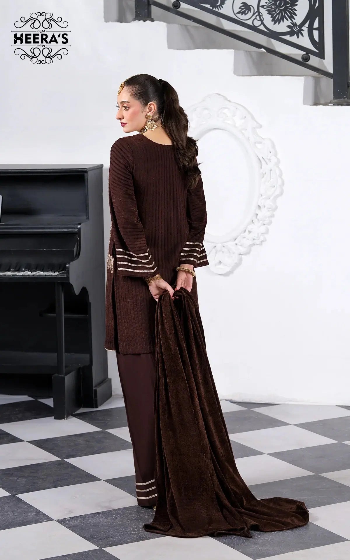 HEERAS | Luxury Embroidered Pashmina Velvet Readymade Traditional Womenswear | HSS035 (Brown) Heeras