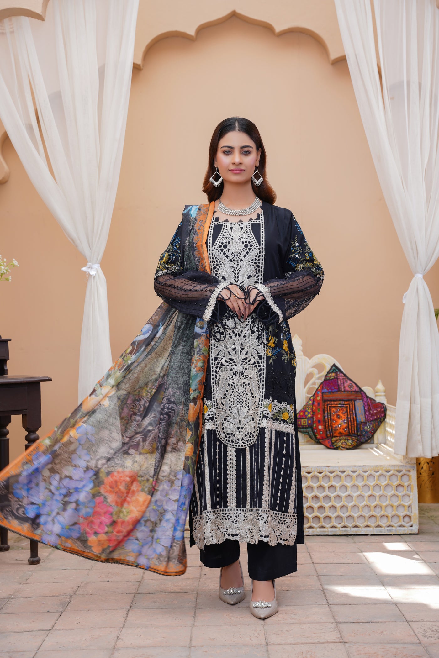 S Creations ‘Daniyah’ | Embroidered Linen Readymade | SC115 (Black)