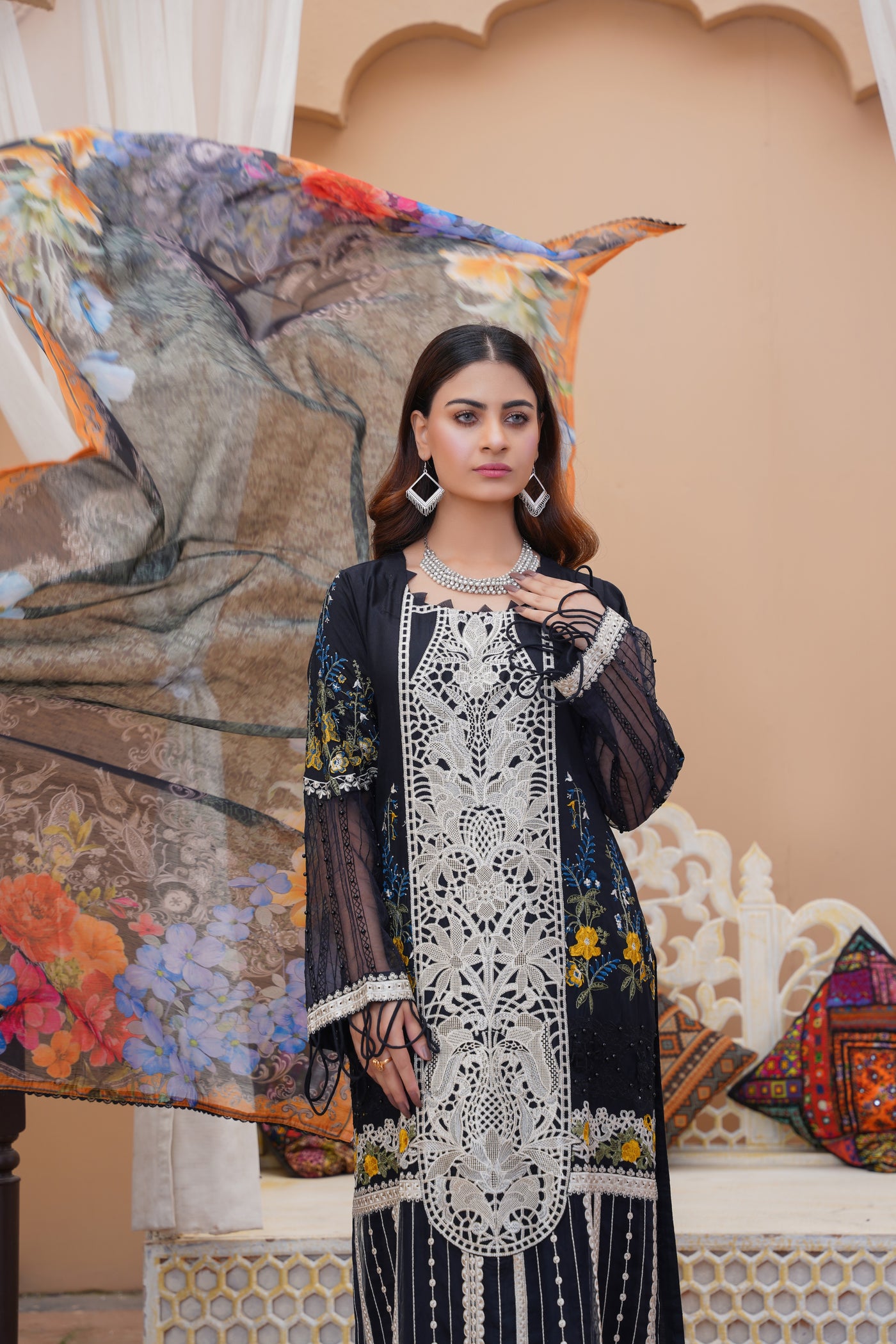 S Creations ‘Daniyah’ | Embroidered Linen Readymade | SC115 (Black)