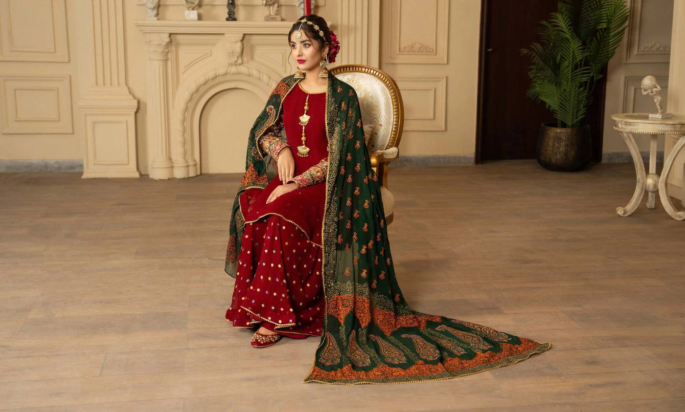 KARMA ‘Roohi’ | Embroidered Chiffon Sharara Pakistani Readymade Traditional Wonensweae | F-462