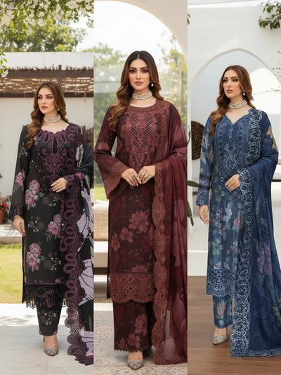 RAMSHA | Embroidered Silk 3pc Pakistani Readymade Womenswear  | J601 (3 Colours)