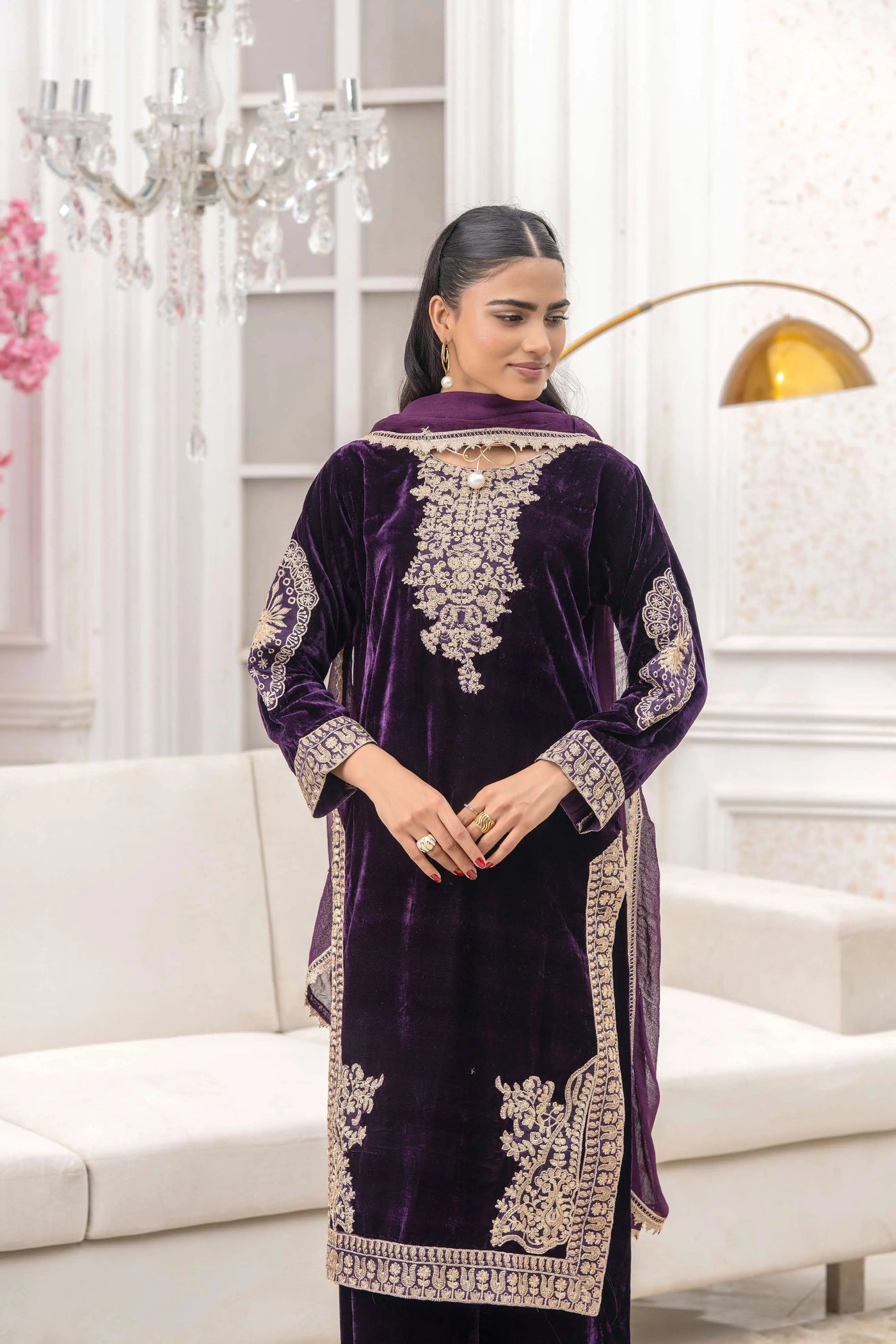 RANGZ 'Afreen' | Embroidered Velvet Long Kameez Pakistani Readymade  | RGZ106 (4 Colours) Rangz