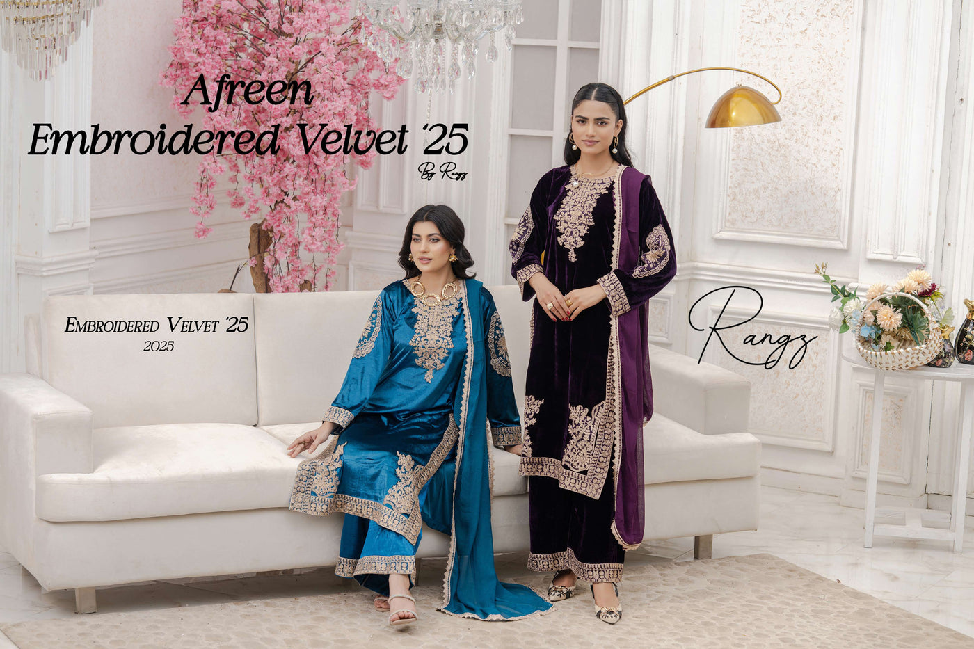 RANGZ 'Afreen' | Embroidered Velvet Long Kameez Pakistani Readymade  | RGZ106 (4 Colours) Rangz