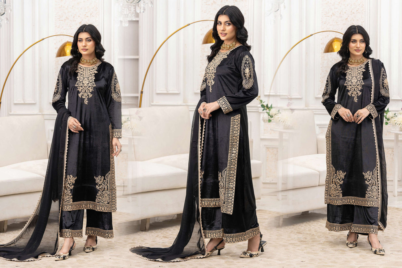 RANGZ 'Afreen' | Embroidered Velvet Long Kameez Pakistani Readymade  | RGZ106 (4 Colours) Rangz