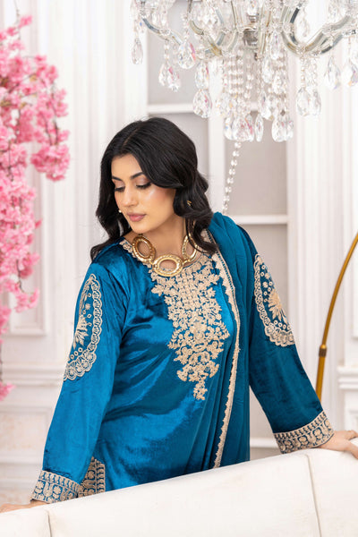 RANGZ 'Afreen' | Embroidered Velvet Long Kameez Pakistani Readymade  | RGZ106 (4 Colours) Rangz