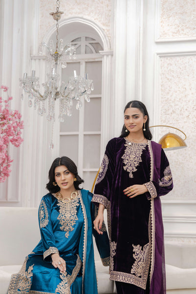 RANGZ 'Afreen' | Embroidered Velvet Long Kameez Pakistani Readymade  | RGZ106 (4 Colours) Rangz
