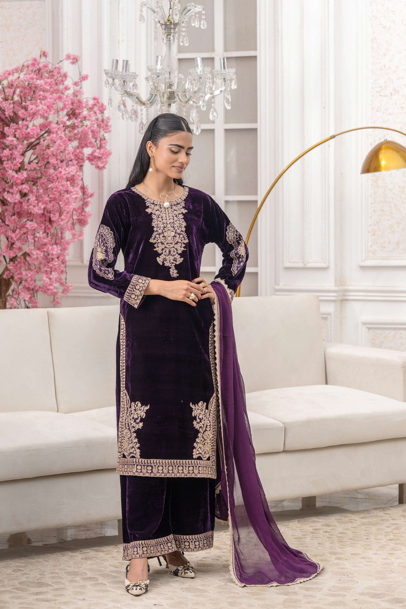 RANGZ 'Afreen' | Embroidered Velvet Long Kameez Pakistani Readymade  | RGZ106 (4 Colours)