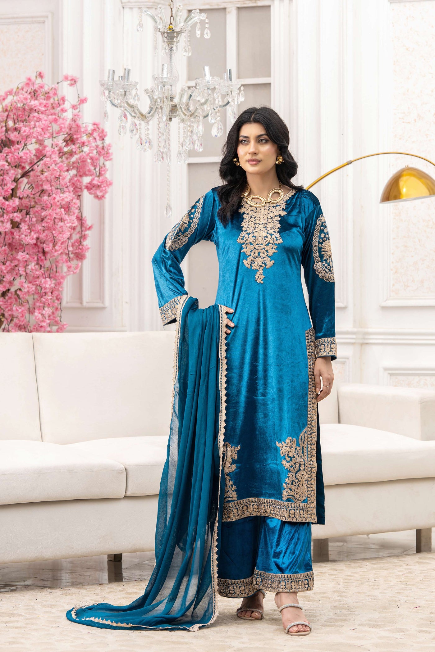 RANGZ 'Afreen' | Embroidered Velvet Long Kameez Pakistani Readymade  | RGZ106 (4 Colours)