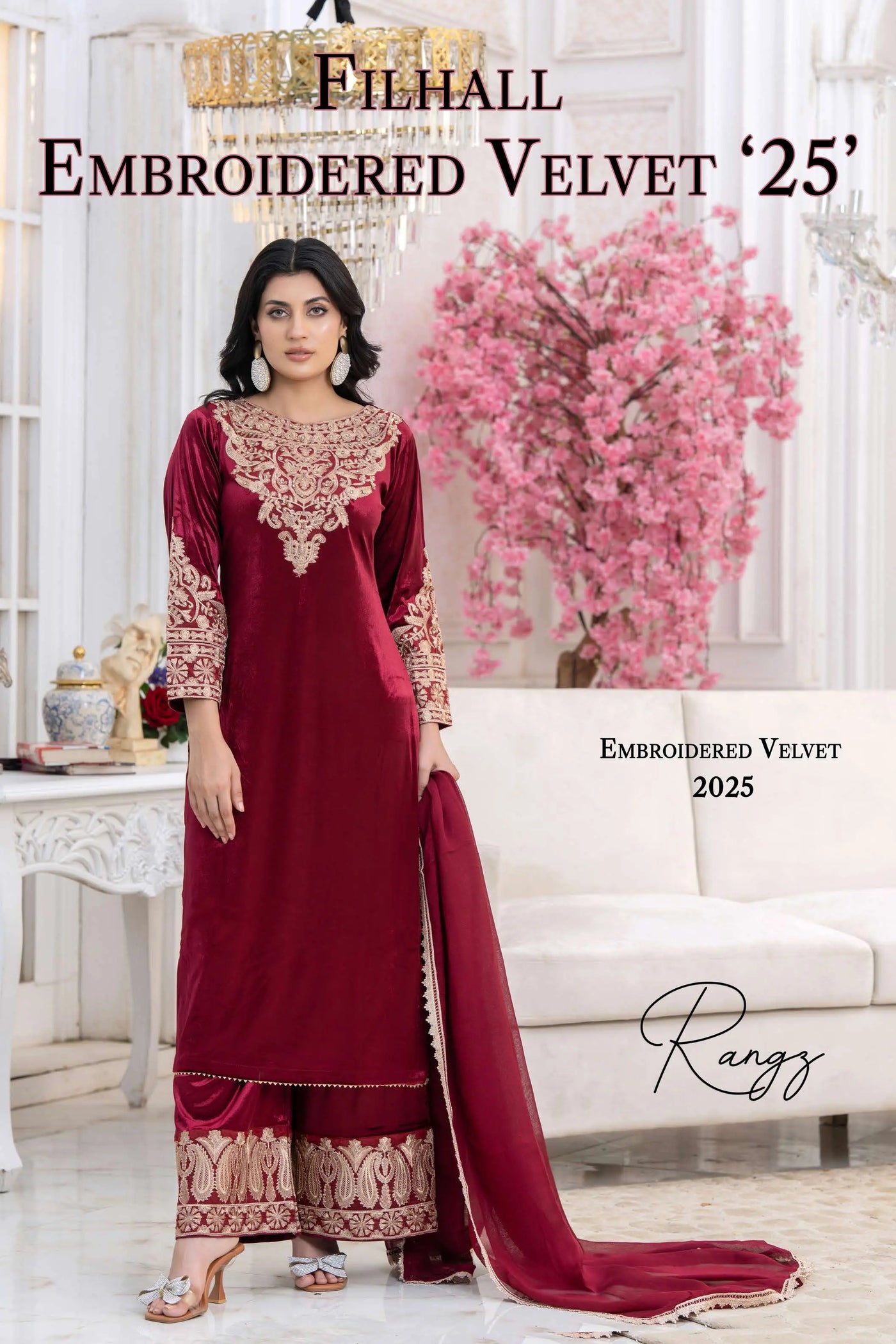 RANGZ 'Filhaal 2.0' | Embroidered Velvet Long Kameez Pakistani Readymade  | RGZ107 (5 Colours)