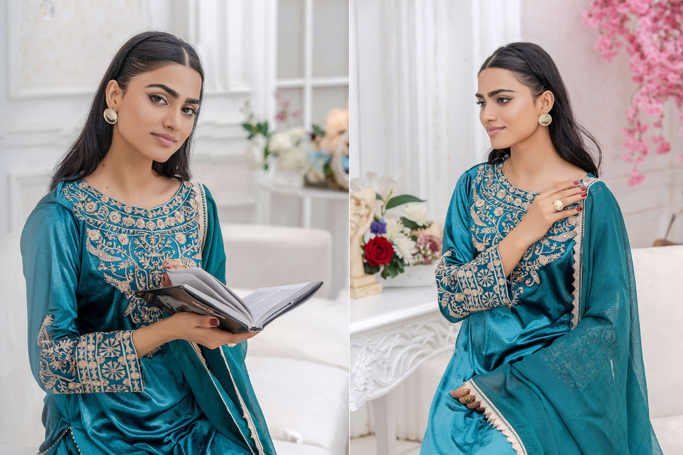 RANGZ 'Filhaal 2.0' | Embroidered Velvet Long Kameez Pakistani Readymade  | RGZ107 (5 Colours) Rangz