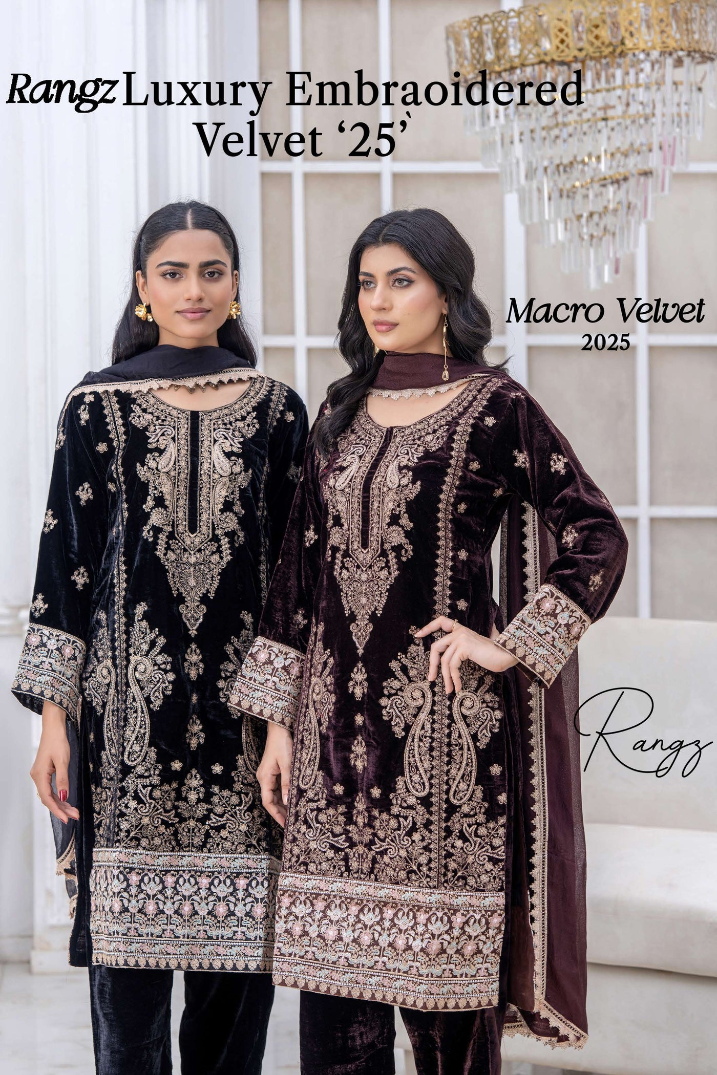 RANGZ 'Luxury' | Embroidered Velvet Long Kameez Pakistani Readymade  | RGZ108 (6 Colours)