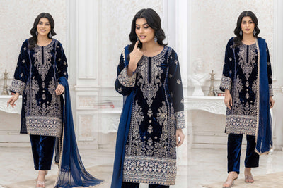 RANGZ 'Luxury' | Embroidered Velvet Long Kameez Pakistani Readymade  | RGZ108 (6 Colours)