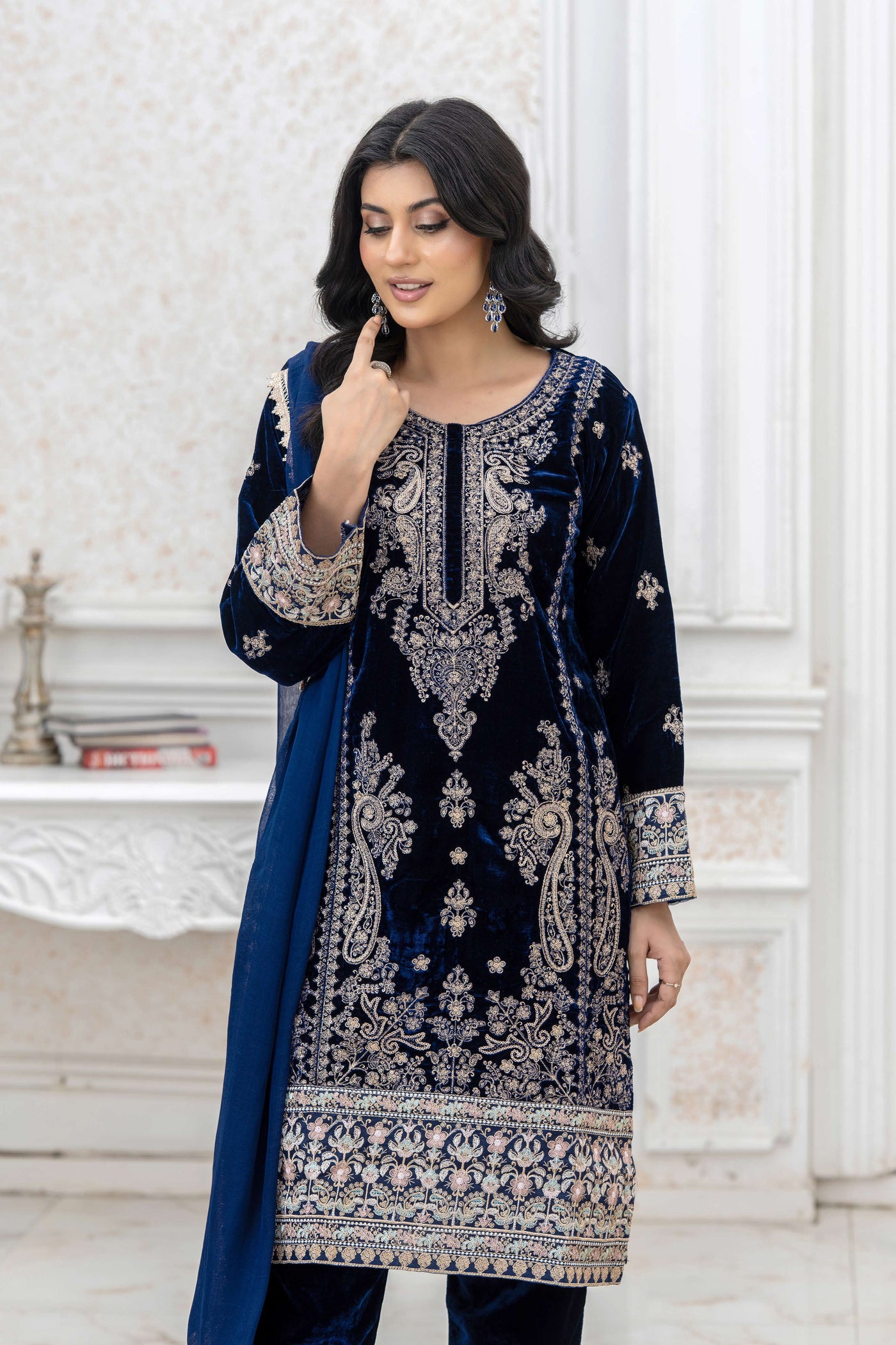 RANGZ 'Luxury' | Embroidered Velvet Long Kameez Pakistani Readymade  | RGZ108 (6 Colours)