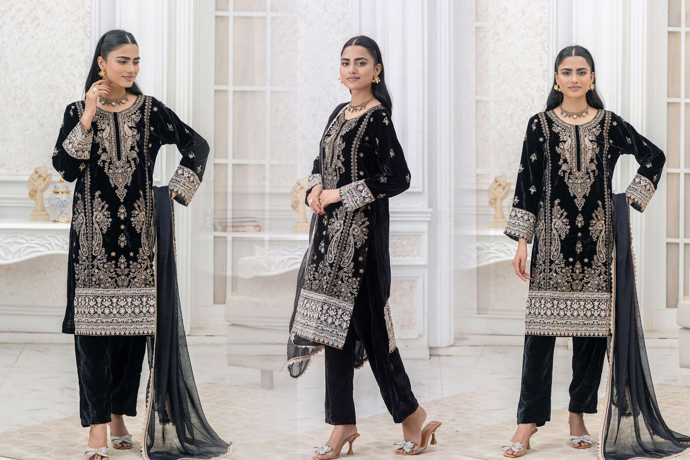 RANGZ 'Luxury' | Embroidered Velvet Long Kameez Pakistani Readymade  | RGZ108 (6 Colours)