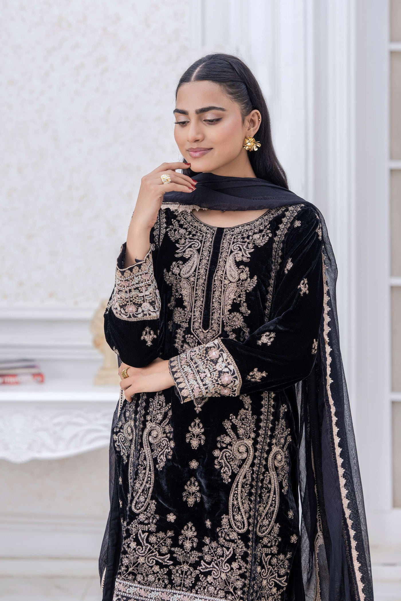 RANGZ 'Luxury' | Embroidered Velvet Long Kameez Pakistani Readymade  | RGZ108 (6 Colours)