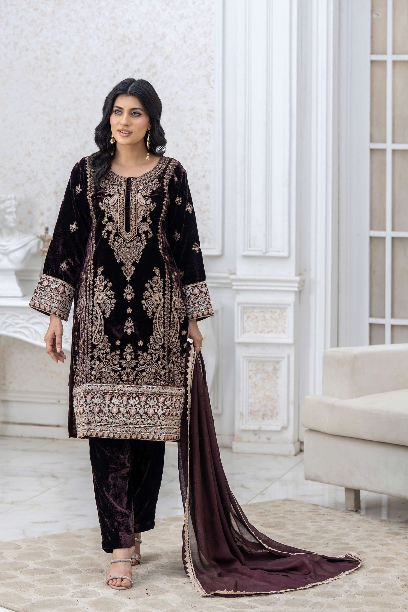 RANGZ 'Luxury' | Embroidered Velvet Long Kameez Pakistani Readymade  | RGZ108 (6 Colours)