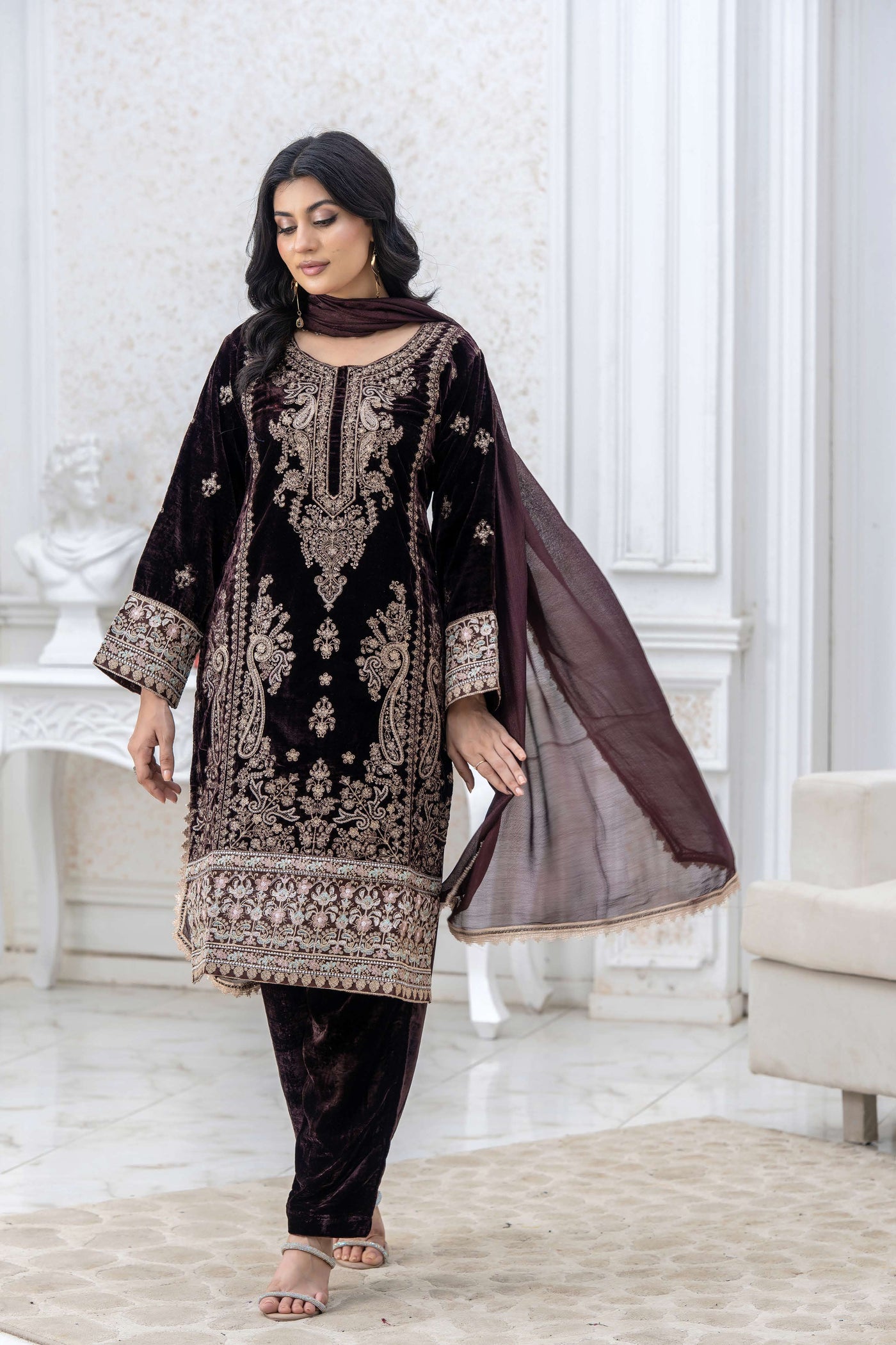 RANGZ 'Luxury' | Embroidered Velvet Long Kameez Pakistani Readymade  | RGZ108 (6 Colours)