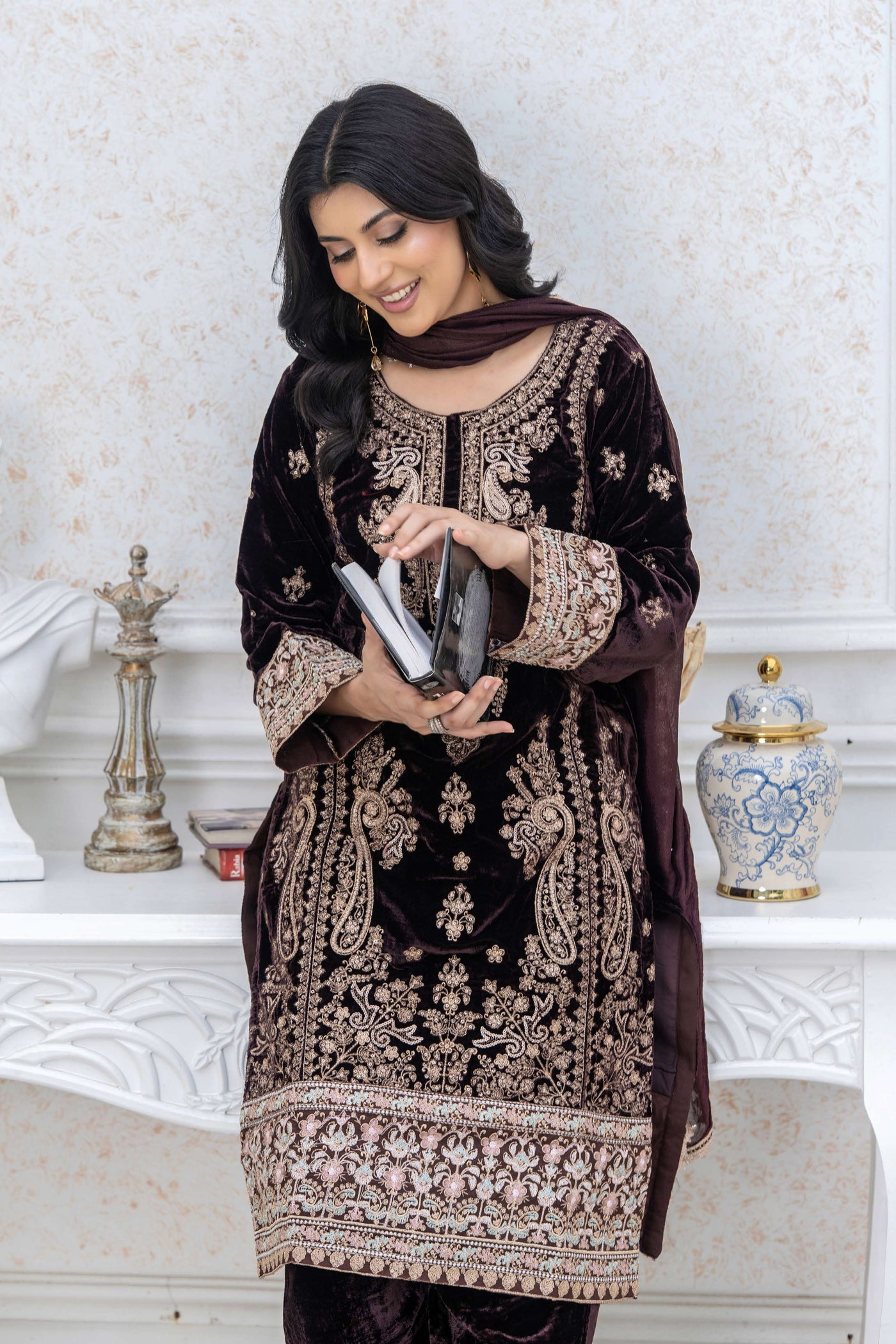RANGZ 'Luxury' | Embroidered Velvet Long Kameez Pakistani Readymade  | RGZ108 (6 Colours)