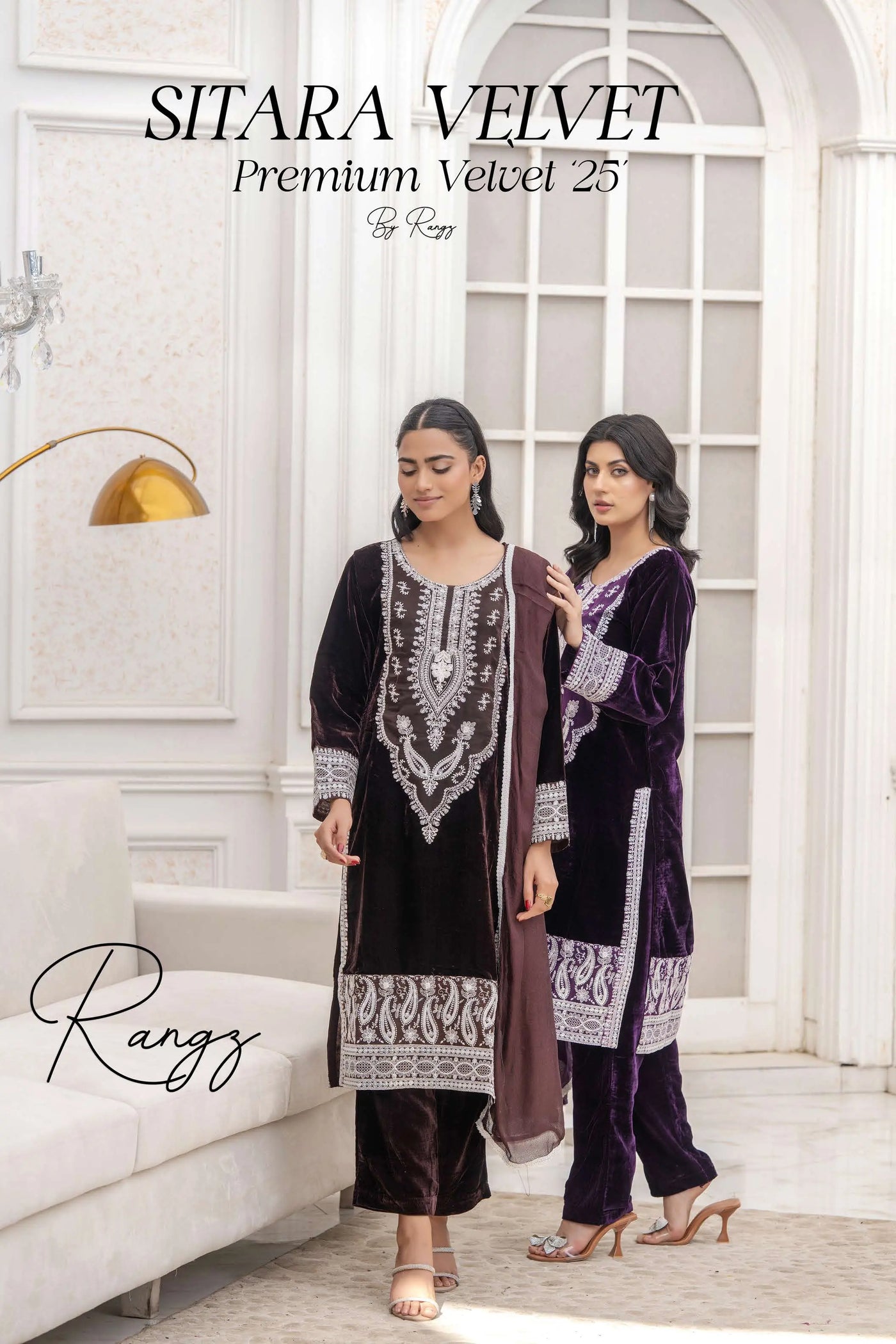 RANGZ 'Sitara' | Embroidered Velvet Kameez Pakistani Readymade | RGZ109 (6 Colours) Rangz