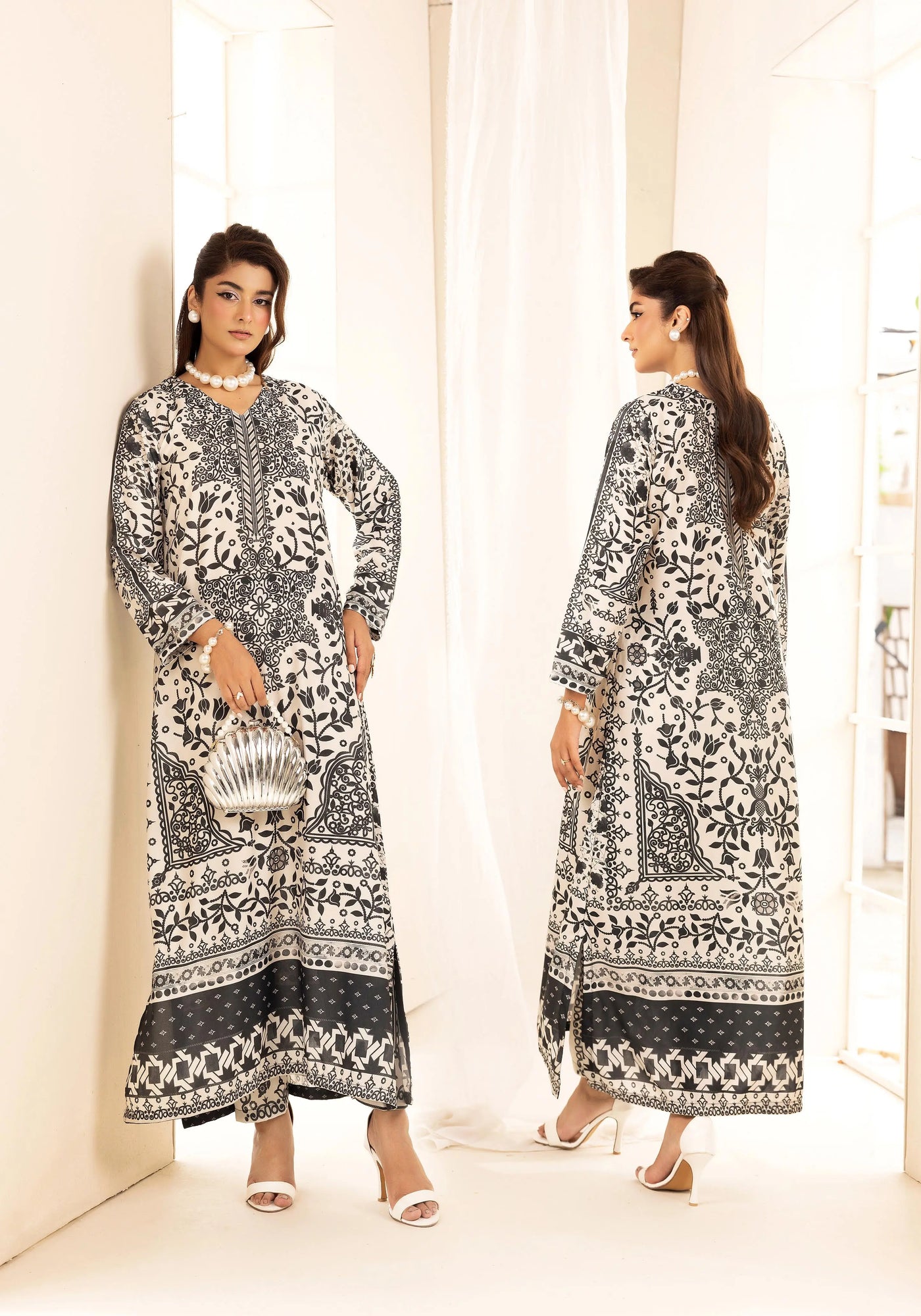 SIMRANS ‘Chic Modest’ | Embroidered Poly Silk Modest Long Kameez Co Ord Set 2pc Pakistani Readymade  | SM901 (4 Colours)