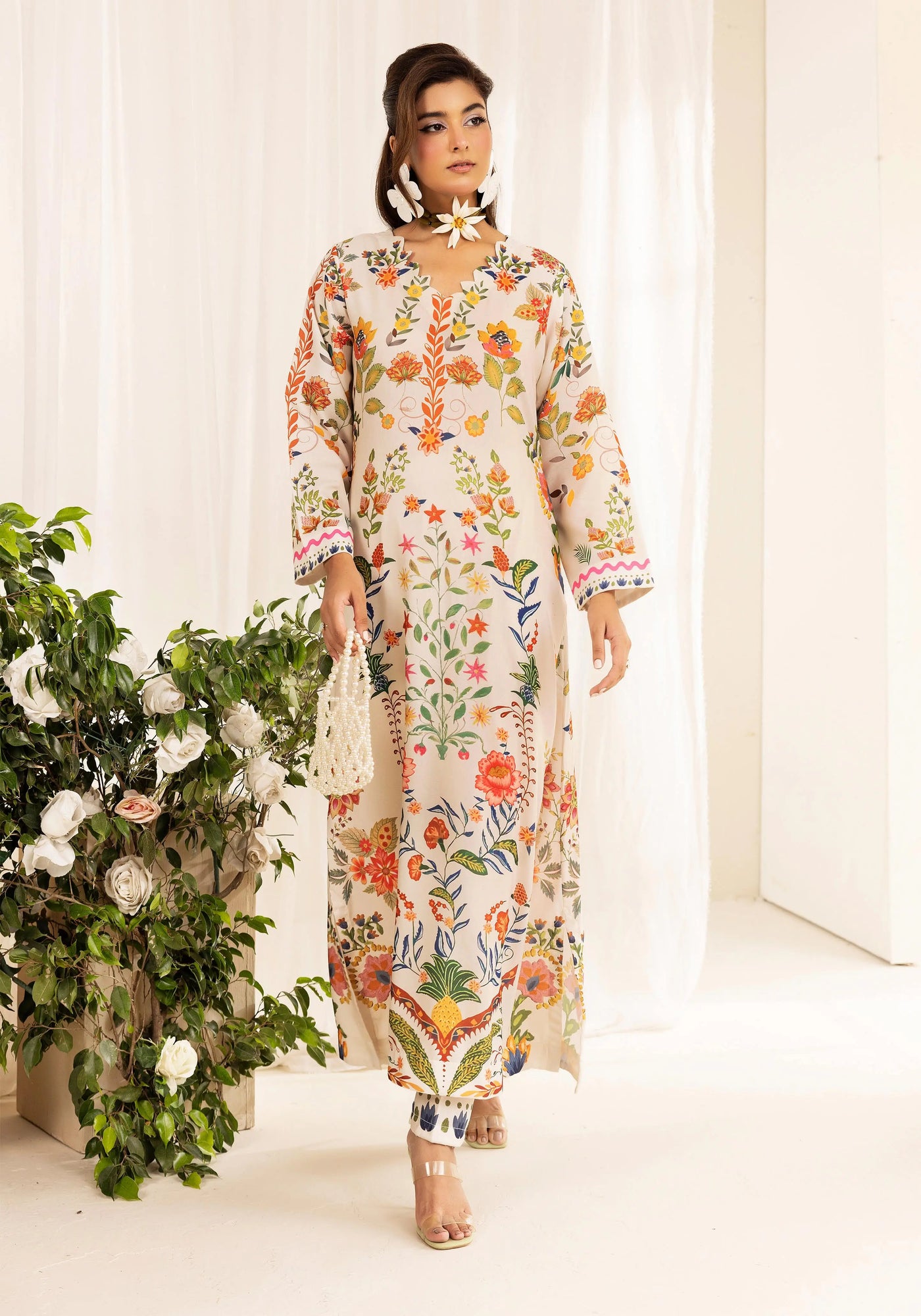 SIMRANS ‘Chic Modest’ | Embroidered Poly Silk Modest Long Kameez Co Ord Set 2pc Pakistani Readymade  | SM901 (4 Colours)