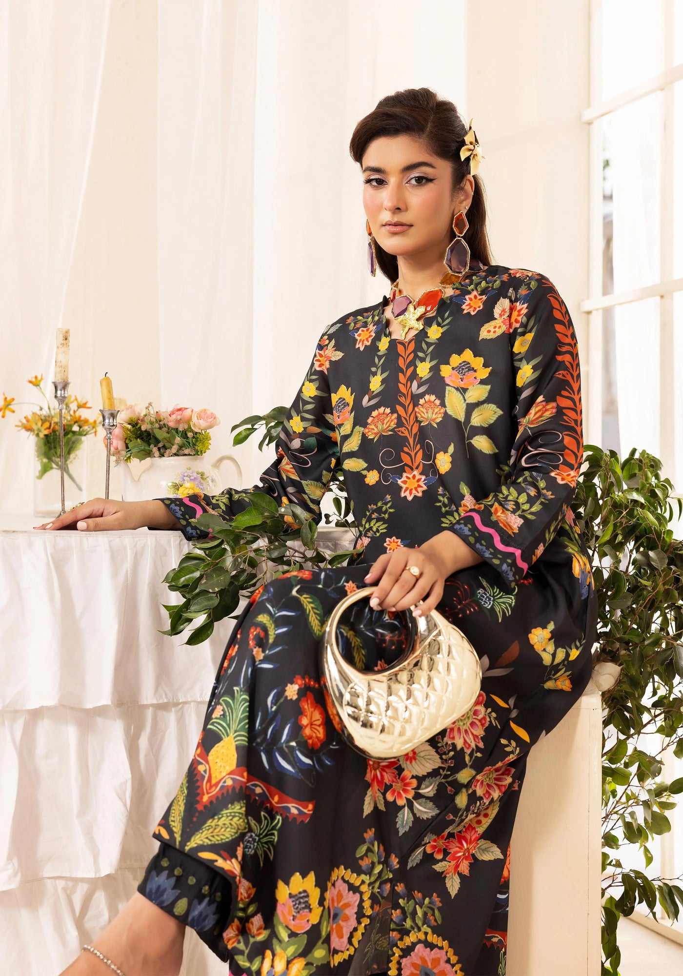 SIMRANS ‘Chic Modest’ | Embroidered Poly Silk Modest Long Kameez Co Ord Set 2pc Pakistani Readymade  | SM901 (4 Colours)