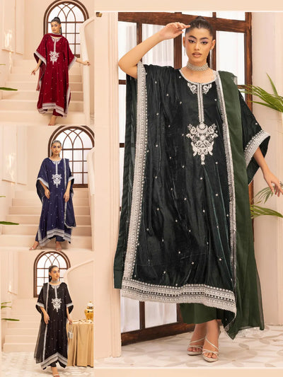 SIMRANS 'Zayna' | Embroidered Modest Velvet Kaftans 3pc Pakistani Readymade Womenswear | SM914 (4 Colours)