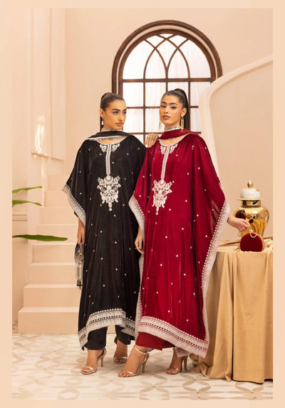 SIMRANS 'Zayna' | Embroidered Modest Velvet Kaftans 3pc Pakistani Readymade Womenswear | SM914 (4 Colours)