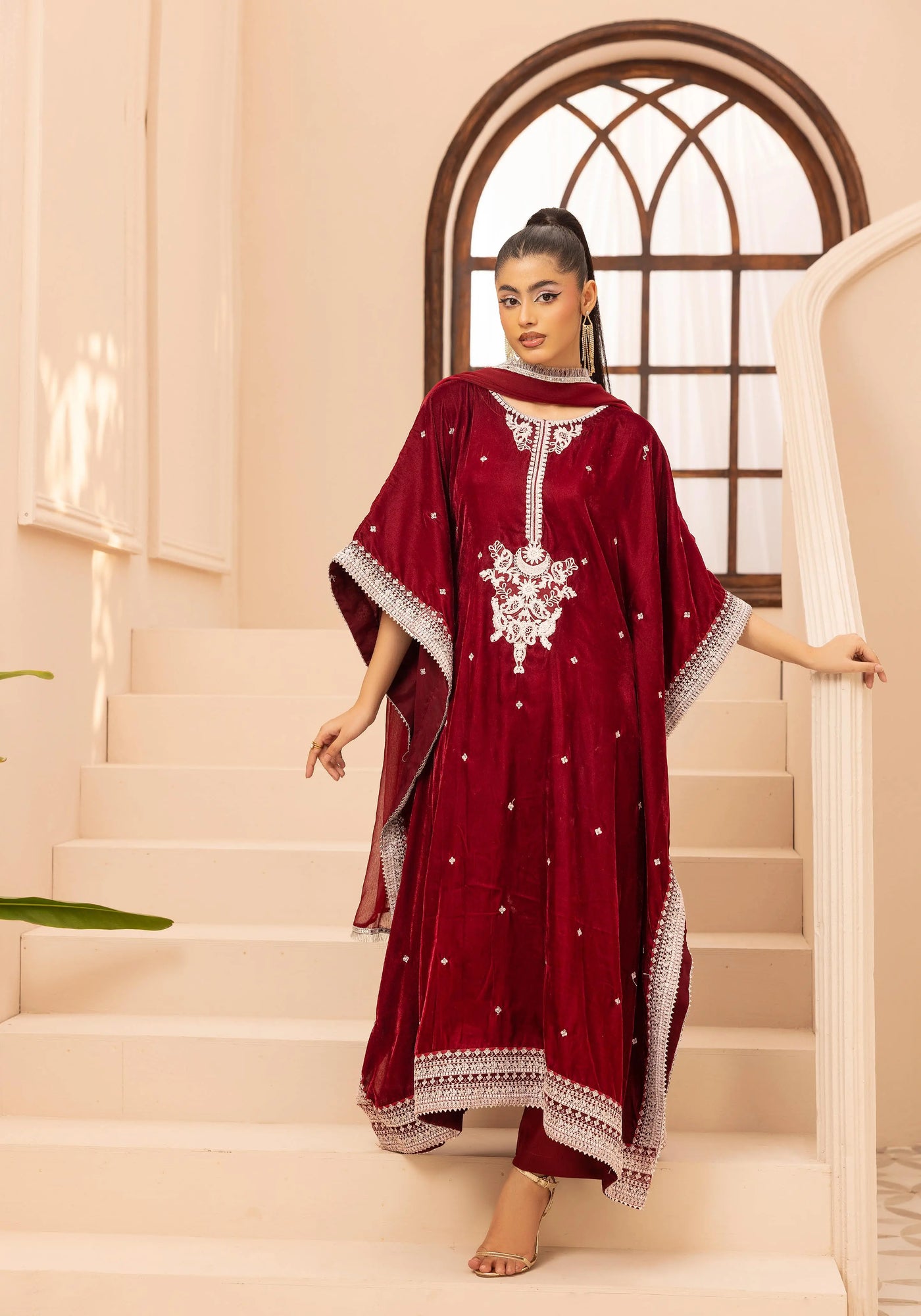 SIMRANS 'Zayna' | Embroidered Modest Velvet Kaftans 3pc Pakistani Readymade Womenswear | SM914 (4 Colours)