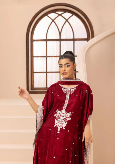 SIMRANS 'Zayna' | Embroidered Modest Velvet Kaftans 3pc Pakistani Readymade Womenswear | SM914 (4 Colours)