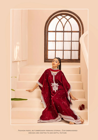 SIMRANS 'Zayna' | Embroidered Modest Velvet Kaftans 3pc Pakistani Readymade Womenswear | SM914 (4 Colours)