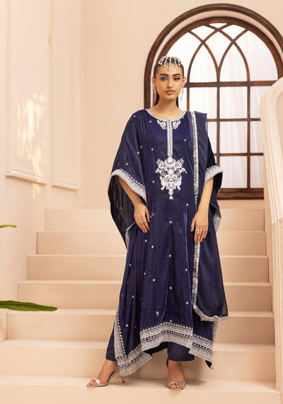 SIMRANS 'Zayna' | Embroidered Modest Velvet Kaftans 3pc Pakistani Readymade Womenswear | SM914 (4 Colours)